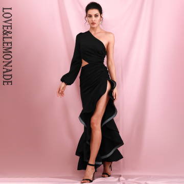 LOVE&LEMONADE Sexy Black Off-Shoulder Side Whit Split Cut Out Ruffled Long Sleeve Maxi Dress LM82202-1