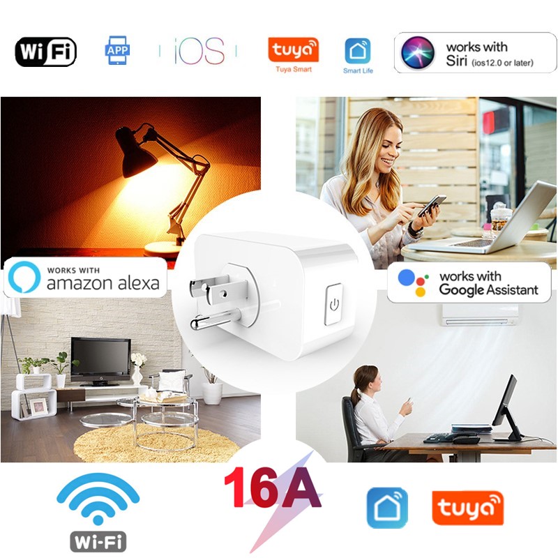 16A WiFi Smart Plug Socket With Power Energy Monitor US Standard Multi Plug Tuya APP Control Works With Alexa Google Assistant