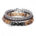 New Style 3pc a Set Gemstone Round Beads Bracelet Leather Bangle for Men