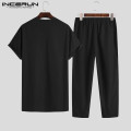 Men Sets Solid Leisure Short Sleeve O Neck Shirts Elastic Waist Pants Retro Vintage Streetwear Men Casual Suits 2 Pieces INCERUN