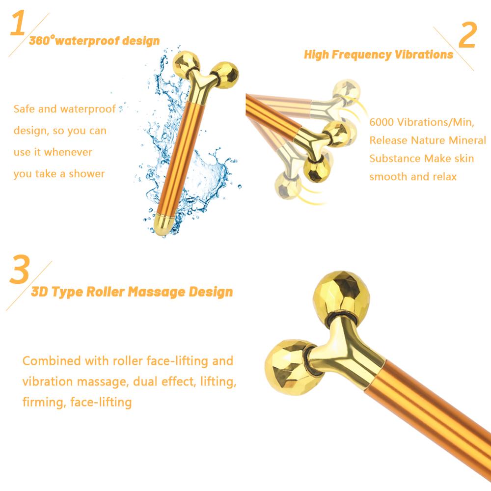 3 in 1 24k Energy Beauty Bar Golden Pulse Vibrating Facial Roller Massager Face Lifting Skin Care Tool with Gemstone Roller Ball