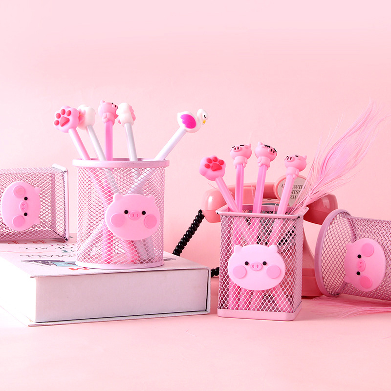 Cartoon Pink Pig Iron Pen Holder Office Organizer Eyebrow Lip Brush Cosmetics Makeup Brushes Tool Cup Holder Case Container