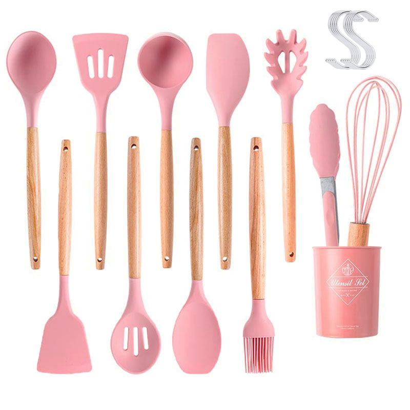 12PCS Kitchen Silicone Cookware Set Home Heat-Resistant Non-Stick Cookware With Wooden Handle Kitchen Tools With Storage Box