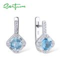 SANTUZZA Jewelry Set for Women Chic Bridal Shiny Cushion Blue Crystal Earrings Ring Set 925 Sterling Silver Fashion Jewelry Set