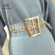 Fashion Women Transparent Wide Waist Belt Female Designer Trapezoid Gold Metal Buckle Dress Laser Clear PVC Belt 235