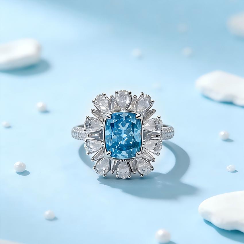 Side angle cushion blue diamond ring with pavé shank