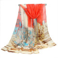 Summer Scarves Woman 2018 Thin Chiffon Scarf Sailboat Oil Painting Silk Scarf Colorblock Gradient Long Section hijab Beach Towel