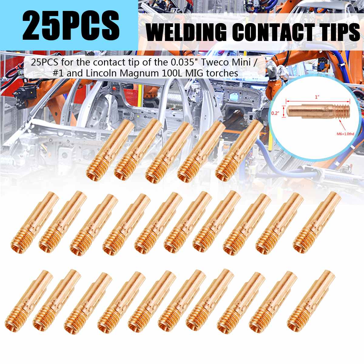 25Pcs Brass Welding Torch Contact Tip Gas Nozzle For 0.035" Tweco Mini #1 and For Lincoln Magnum 100L MIG Torches