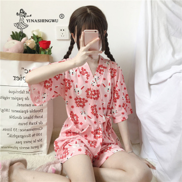 Sakura Rabbit Kimono Women Short Pajamas Sets Asia Japan Yukata Cotton Shorts Bathrobes Short Sleeves Homewear Japanese Kimono