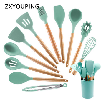 Silicone Cooking Utensils Set Non-Stick Spatula Shovel Wooden Handle Cooking Tools Set With Storage Box Kitchen Accessories