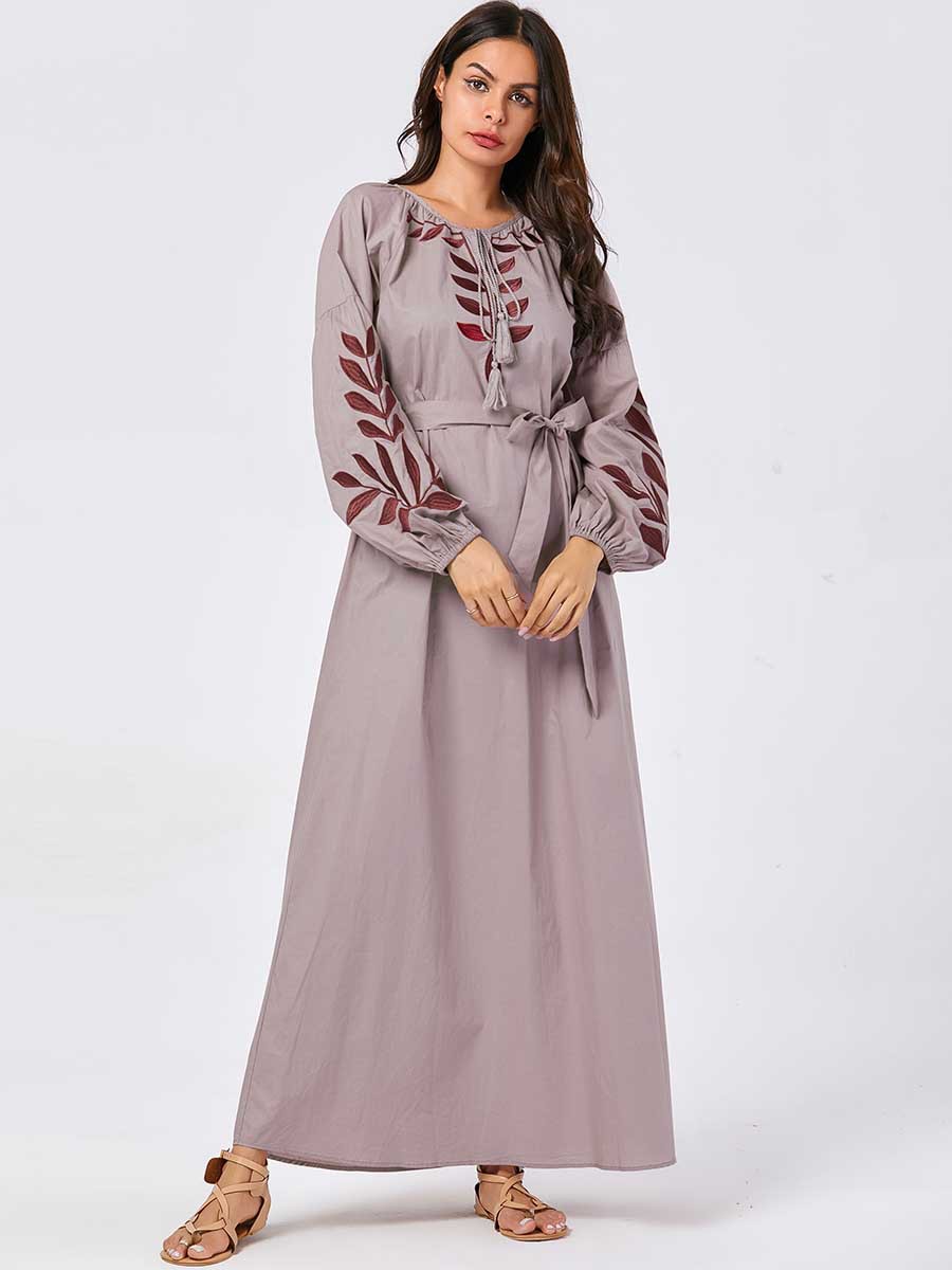 Women Maxi A-line Abaya Dresses Embroidery Lace-up Lantern Sleeve Kimono Muslim Long Dress Dubai Turkish Kaftan Islamic Clothing