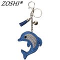 Hot Pretty Chic Blue dolphin leather tassle Keychains Crystal Bag Pendant Key ring Key chains Christmas Gift Jewelry Llaveros