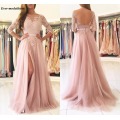 Blush Pink Bridesmaid Dresses 2020 Sexy A-Line High Split Backless Lace Long Sleeve Floor Length Wedding Guest Prom Party Dress