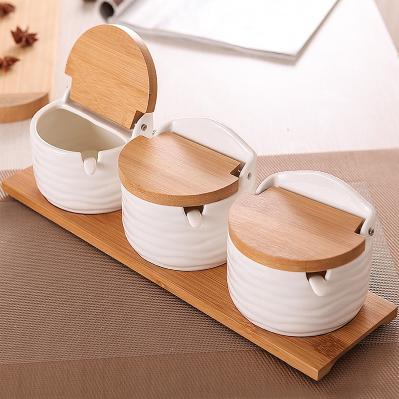 Porcelain Condiment Jar Spice Container with Lids - Bamboo Cap, Wooden Tray Spices Box Storage banks Tea Box Kitchen Storage Can