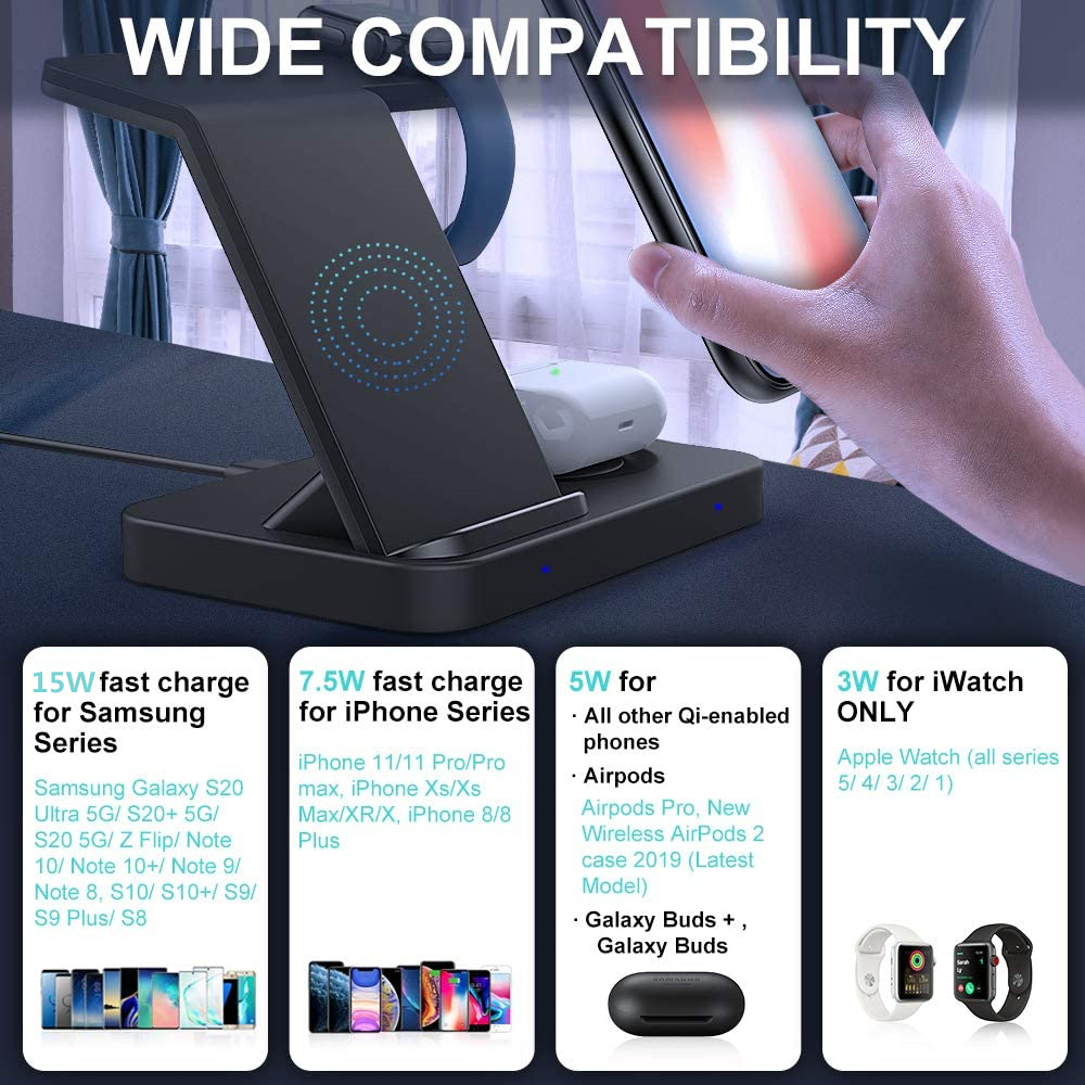 15W Qi Fast Wireless Charger Stand For iPhone 11 XS XR Airpods Pro iWatch 3 in 1 Charging Dock Station for Samsung S20 S10 Buds