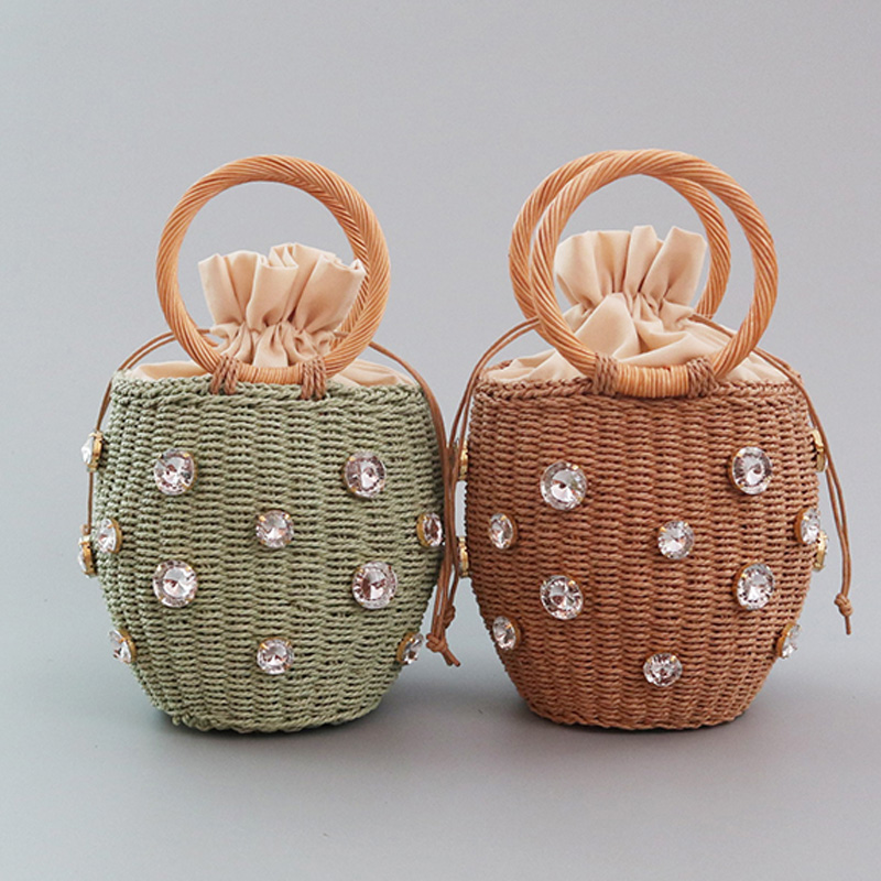 2020 New Handmade Rhinestone Crystal Embellished Straw Bag Small Straw Bucket Bags Lady Travel Purses and Handbags