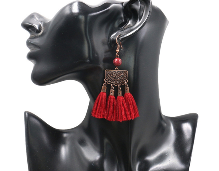 Women dangle chandelier tassel Pendant Earrings fashion retro Bohemian national style metal brand wool wheat natural agate stud
