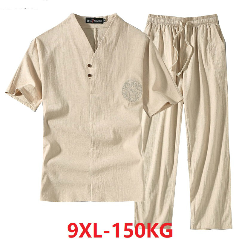 Men's Clothing Large Size Tracksuit Husband 2020 Summer Suit Linen t-shirt Fashion Male Set Chinese Style 8XL 9XL plus Two Piece