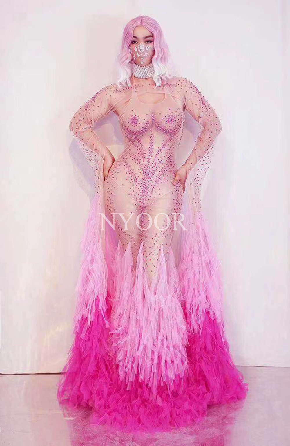 Rhinestone Rose Pink Mesh Fringe Tail Floor-length Dress Women Birthday Celebrate Prom Nightclub Outfit Sexy Stage Show Wear