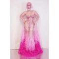 Rhinestone Rose Pink Mesh Fringe Tail Floor-length Dress Women Birthday Celebrate Prom Nightclub Outfit Sexy Stage Show Wear