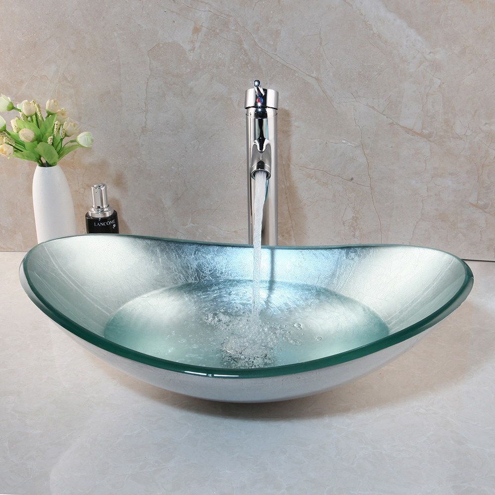 KEMAIDI Bathroom Washbasin Countertop Tempered Glass Basin Sink Faucet Set Brass Waterfall Faucet Washroom Vessel Vanity Bar