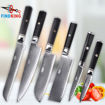 FINDKING Professional 6PCS Ladder Pattern Octagonal Handle 67 layers Damascus Steel Ebony Wood Chef Knife Set Kitchen Knife Set