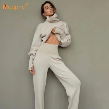Turtleneck Sweater 2 Pieces Set Women Setchic Knitted Pullover Top + Sweater Pants Jumper Tops Trousers Sweater Suit 2020 Winter