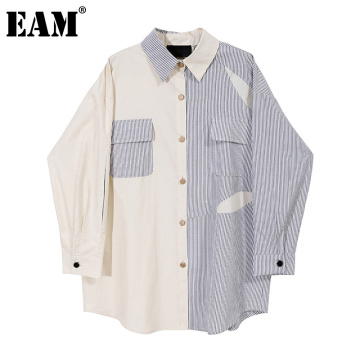 [EAM] Women Striped Contrast Color Big Size Blouse New Lapel Long Sleeve Loose Fit Shirt Fashion Tide Spring Autumn 2021 1Z572