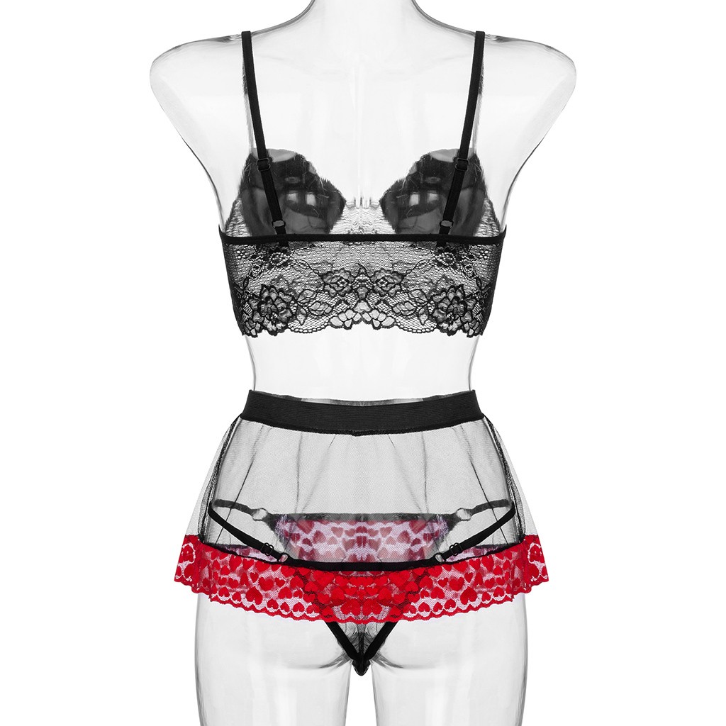 3PC Heart Print Women Sexy Lingerie Plus Size Bra Thong Panty Mini Skirt Set Christmas Sexy Lingerie Women's Underwear Set