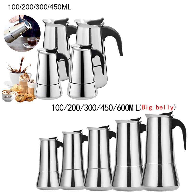 Stainless Steel Kettle Coffee Brewer Kettle Pot Portable Espresso Coffee Maker Moka Pot Pro Barista Pot 100ml/200ml/300ml/450ml