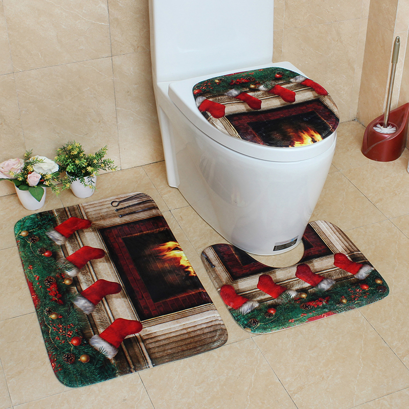 Zeegle 3Pcs Bathroom Floor Pad Toilet Rug Bathroom Christmas Non-Slip Mat Lid Toilet Seat Cover Mat Set Home Decoration Bath Rug