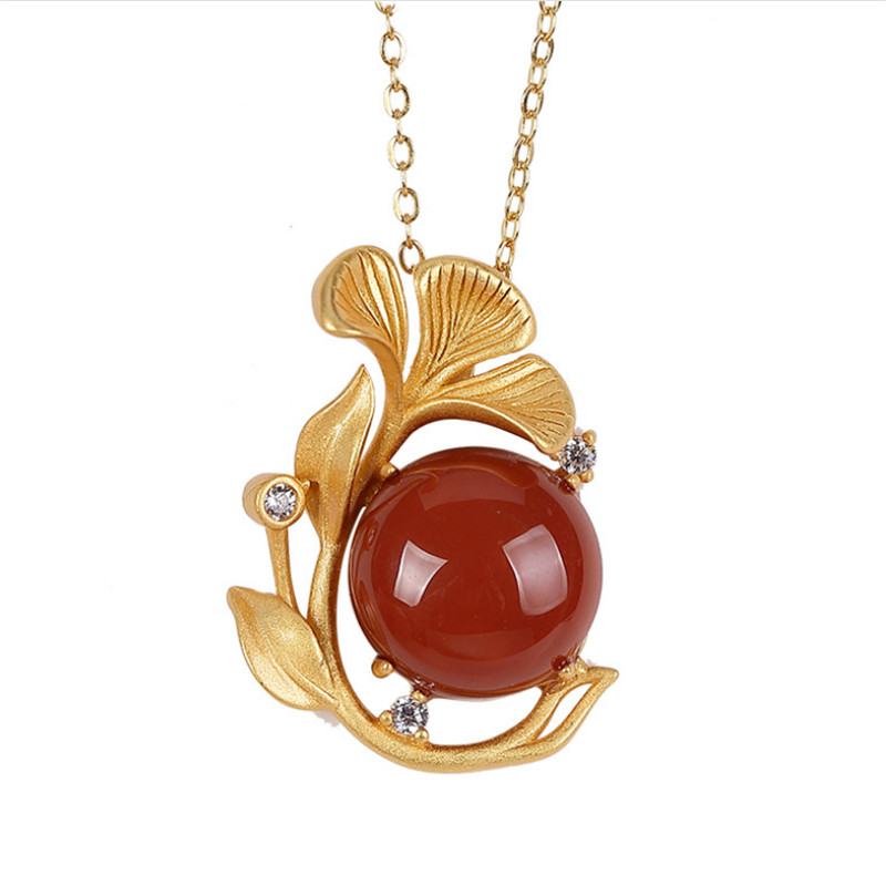 Uglyless Handmade Gold Ginkgo Leaves Agate Ginkgo Nuts Necklaces for Women Creative 925 Silver Plant Pendants + Chain 925 Silver