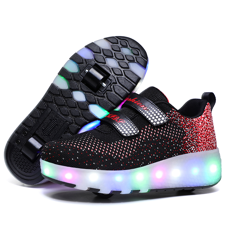Children Two Wheels Luminous Glowing Sneakers Black Red Pink Led Light Roller Skate Shoes Kids Led Shoes Boys Girls USB Charging