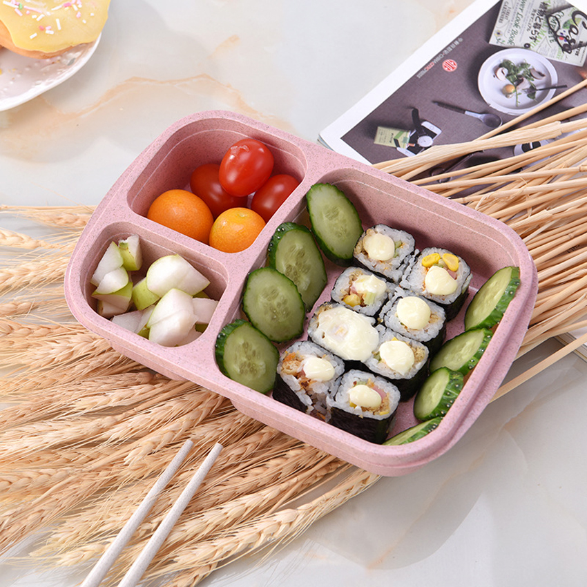 Lunch Wheat Straw Bento Box 3 Grid With Lid Microwave Food Box Biodegradable Storage Container Lunch Bento Boxes Dinnerware Set