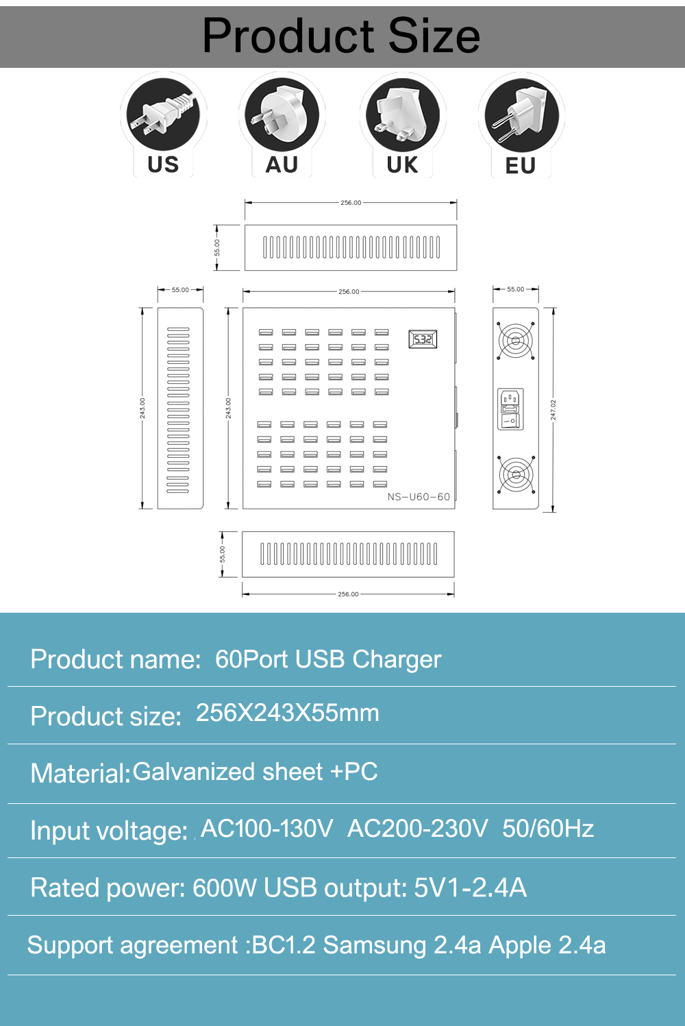 60 Port USB charger 600W Product Size Four plugs: US AU UK EU