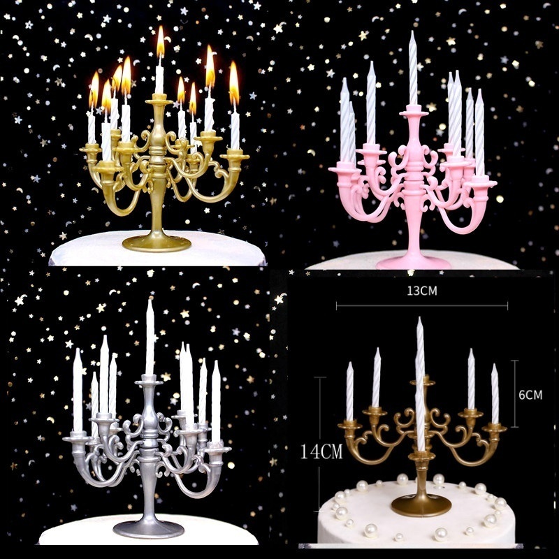 9PCS Candles and Candlestick Bracket 1 Set Cake Topper Birthday Party Cake Candle Holders Toppers Decoration