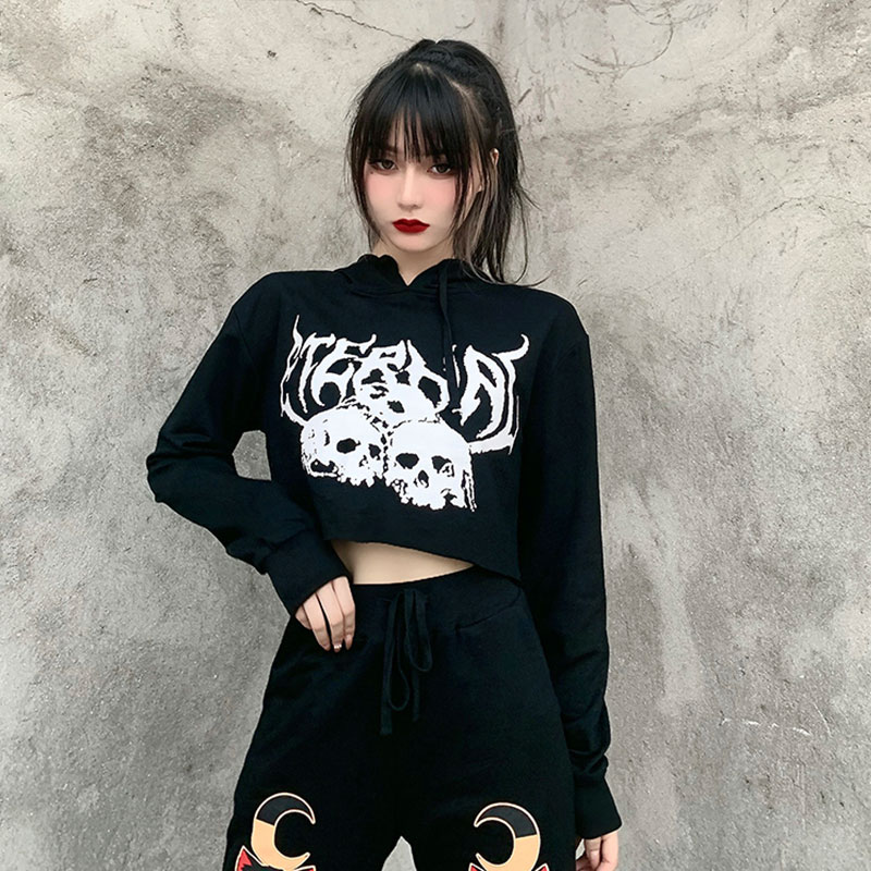 InsGoth Gothic Skull Print Black Cropped Hoodies Streetwear Punk Vintage Hooded Hoodies Women Halloween Long Sleeve Sweatshirt