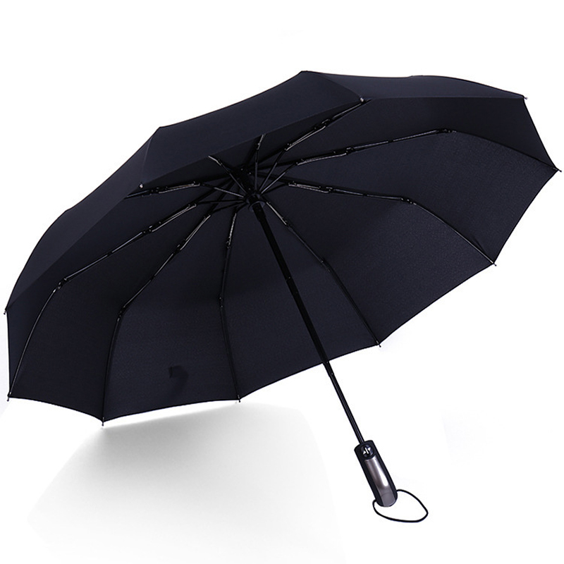 Wind Resistant Fully-Automatic Three Folding Umbrella Ten Bone Auto Large Windproof Business Umbrella Rain Black Coating Parasol