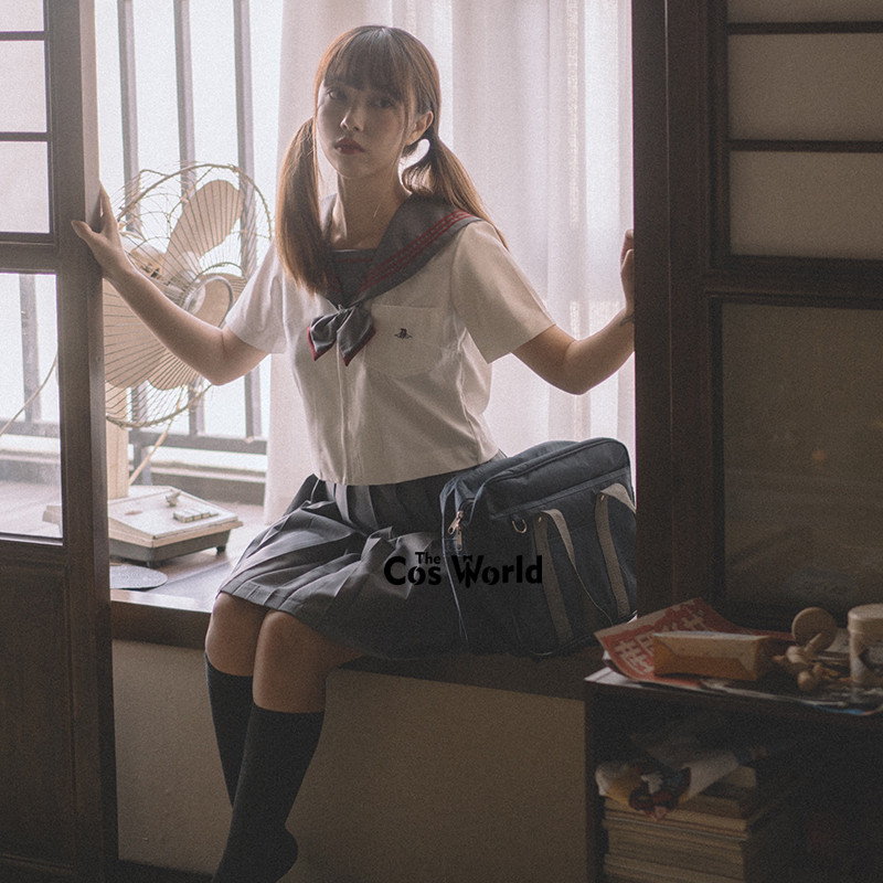 [Kawano] White Gray Summer Navy Sailor Suit Tops Skirts JK High School Uniform Class Uniform Students Cloth