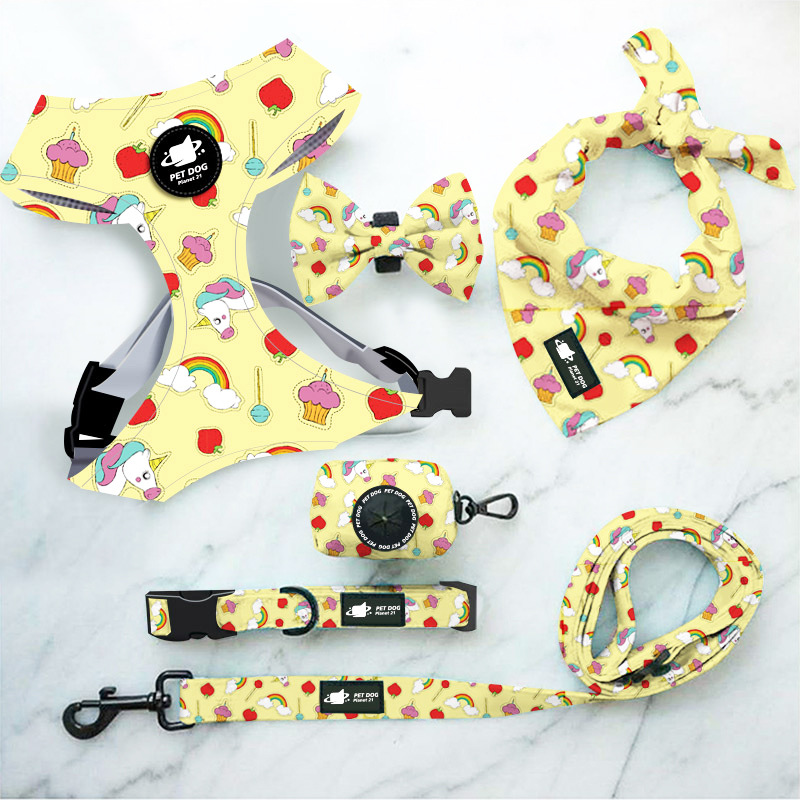 Adjustable Strap Plaid Fabric Neoprene Dog Harness Set