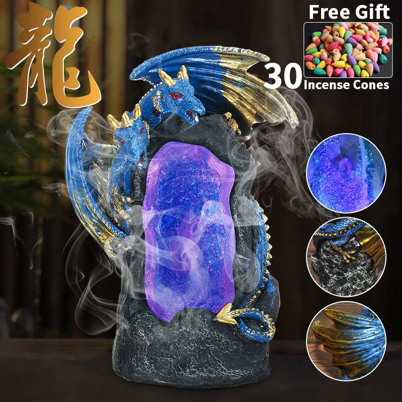 LED Dual Dragon Backflow Incense Burner Handicraft Ceramic Incense Holder Waterfall Smoke Censer with Cone Home Decor