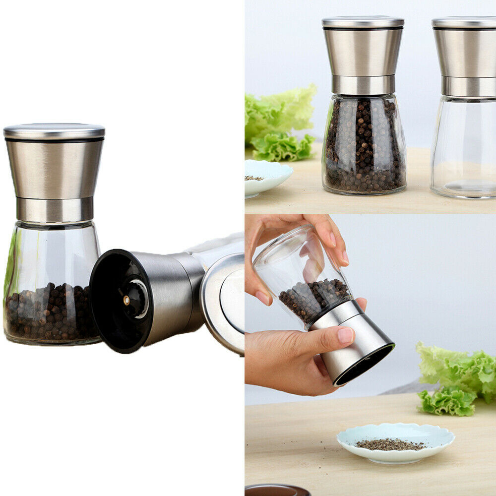 2pcs Stainless Steel Pepper & Salt Grinders Muller Adjustable Ceramic Manual Herb Mills Spice Seasoning Choppers Glass Body