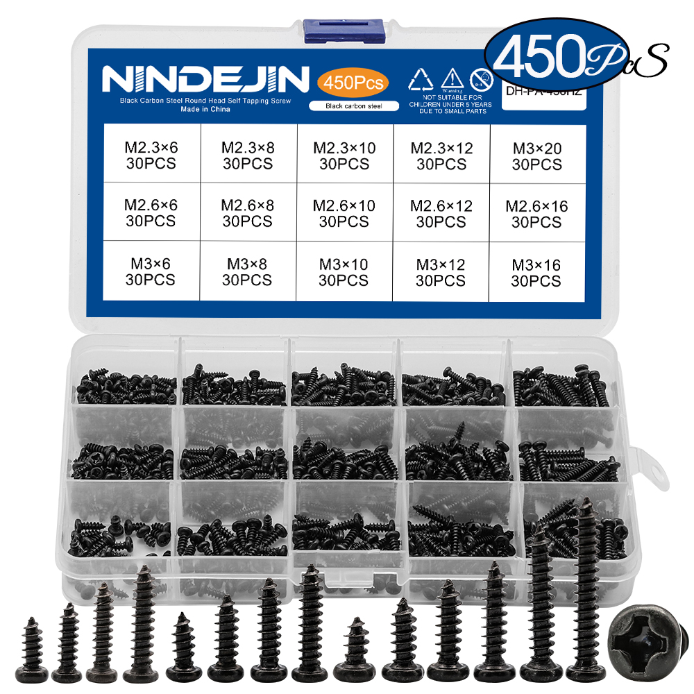 450pcs/set Black Plated Round Pan Head Tapping Screws Set M2.3 M2.6 M3 Carbon Steel laptop computer screw Phillips Screw kit