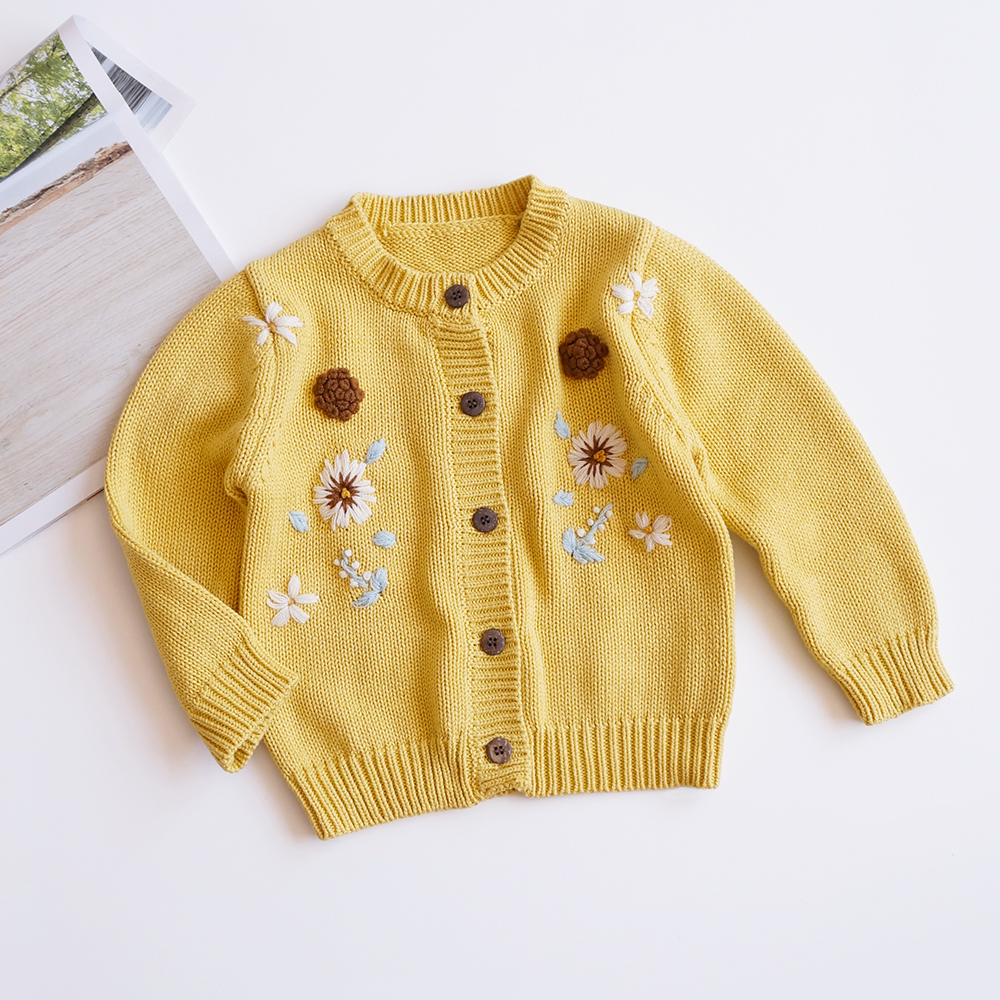 FOCUSNORM 0-3Y Autumn Winter Infant Baby Girls Sweater Coat Tops Knit Flowers Print Long Sleeve Single Breasted Tops