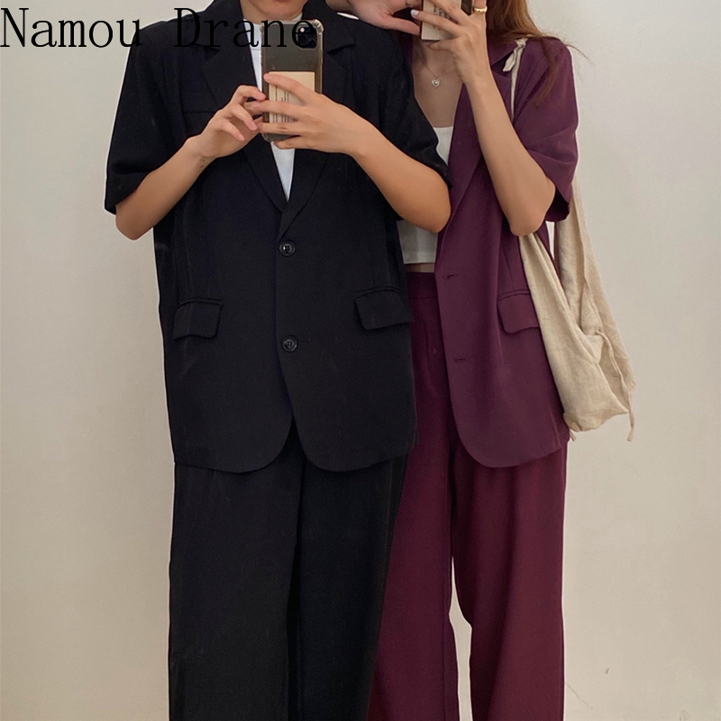 Korean-Style Chic Retro Lapel Two-Button Loose Thin Suit Jacket + Drape High-Waist Wide-Leg Mopping Trousers womens pantsuit