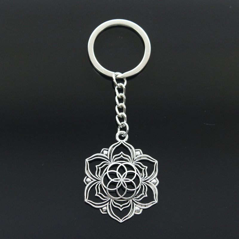Hot Fashion Yoga Flower Of Life Datura Stramonium 43x35mm Pendant 30mm Key Ring Metal Chain Silver Color Men Car Gift Keychain