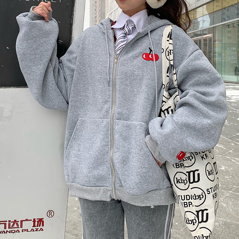 Autumn winter new warm Streetwear Zip-up Oversize Sweatshirt Women Plus Fleece Hoodies Jacket Solid Pocket Thicken Women Outwear