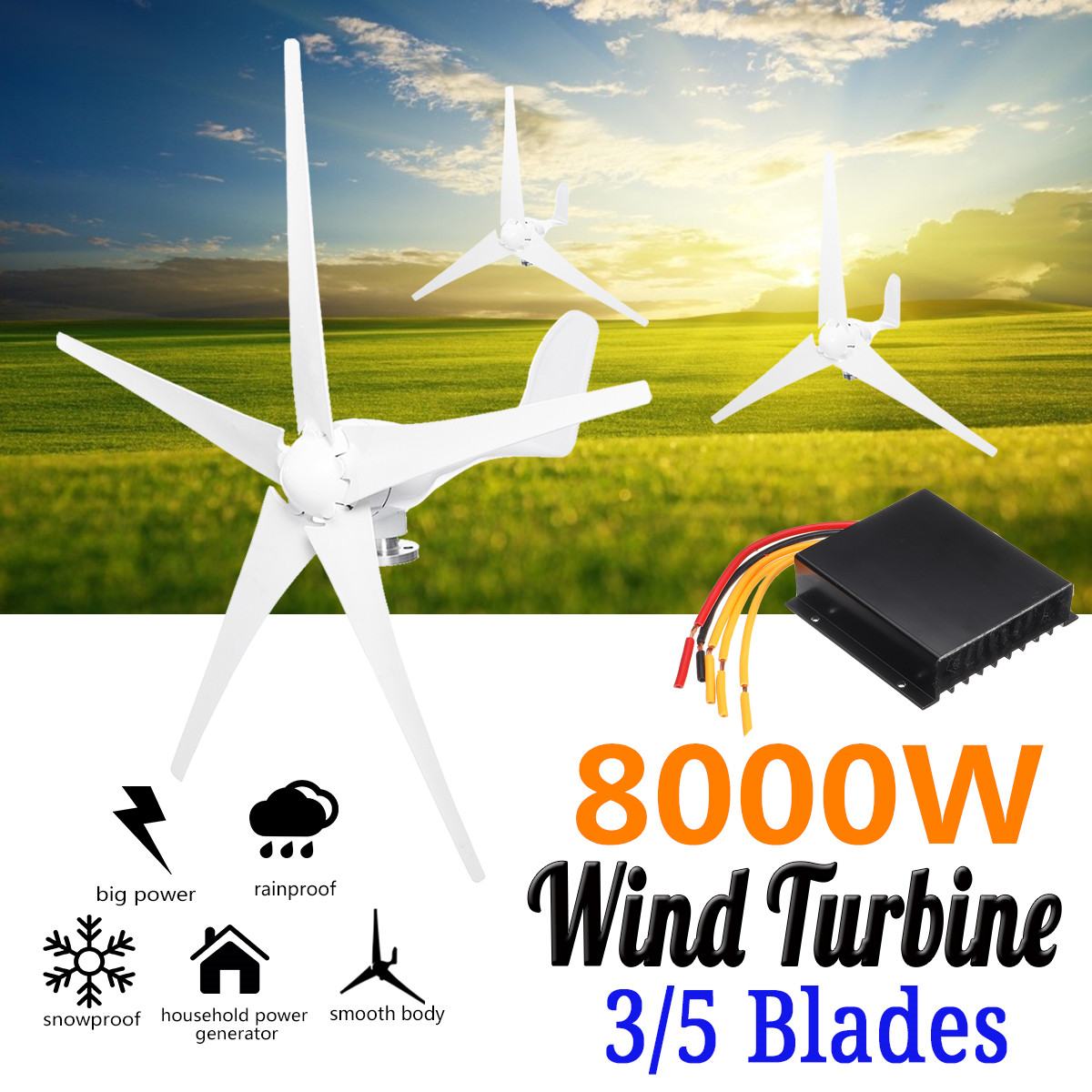 8000W 12V/24V Wind Turbines Generator 3/5 Blades Horizontal Wind Generator With Controller Windmill Energy Turbines Charge