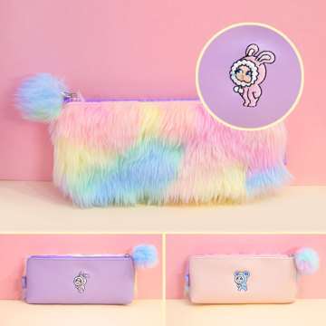 Kawaii Cute Rainbow Plush Rabbit Pencil Case Storage Organizer Pen Bags Pouch girl Hairball Pencil Bag School Supply Stationery