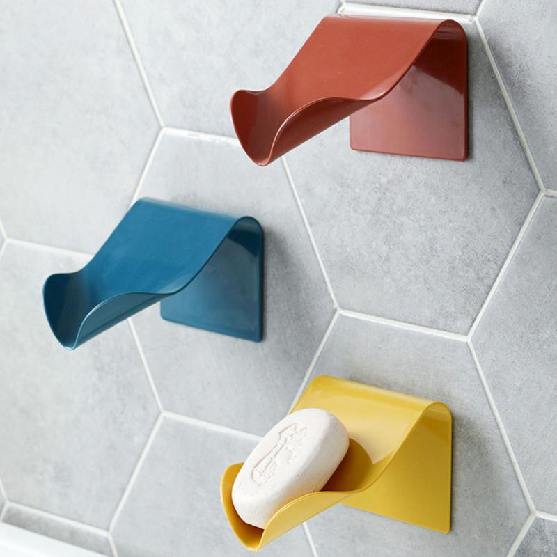 Wall Mounted Self Adhesive Leaf Shape Soap Sponge Dish No Drilling Storage Box Rack Shelf Drain Bathroom Soap Dishes